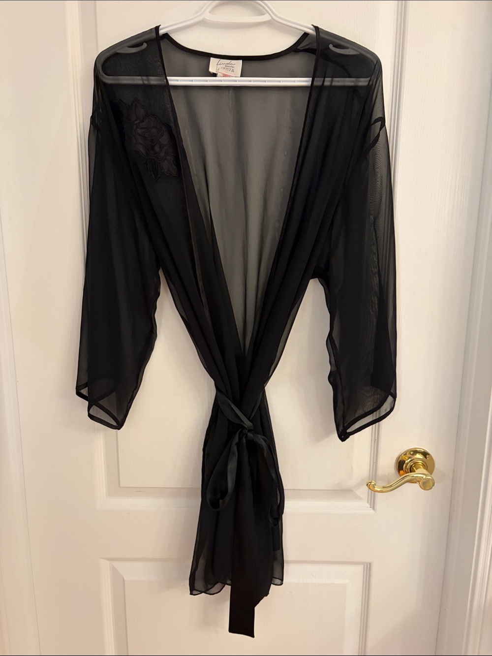 Vintage Linda for La SENZA Black Sheer Mesh Robe with Tie Belt